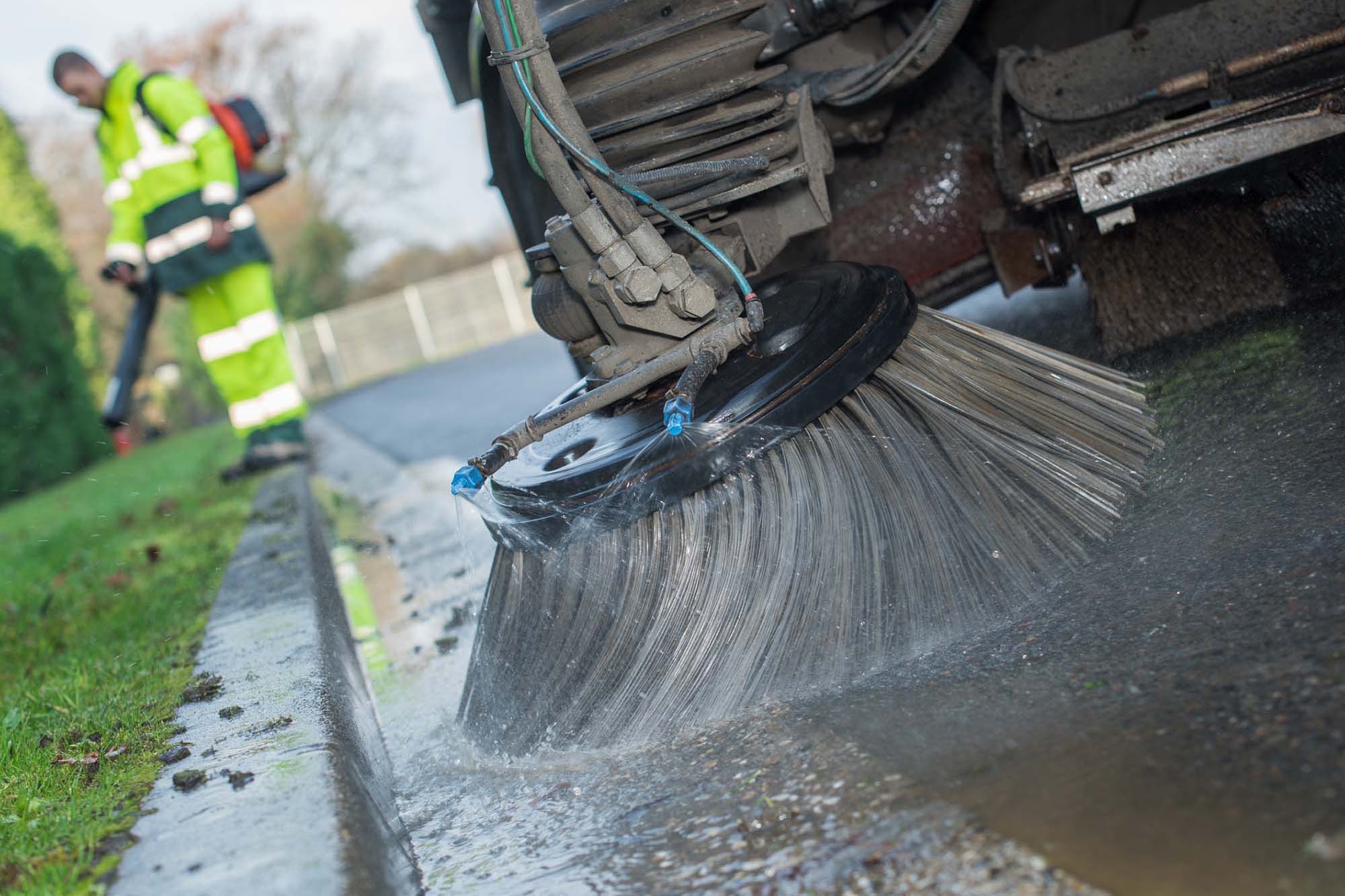 Closeup of road sweeper brush